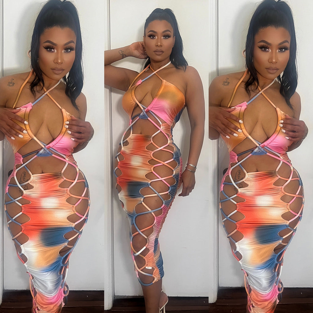 Tie Dye cut out bodycon dress