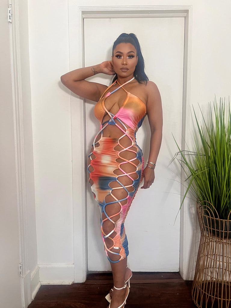 Tie Dye cut out bodycon dress