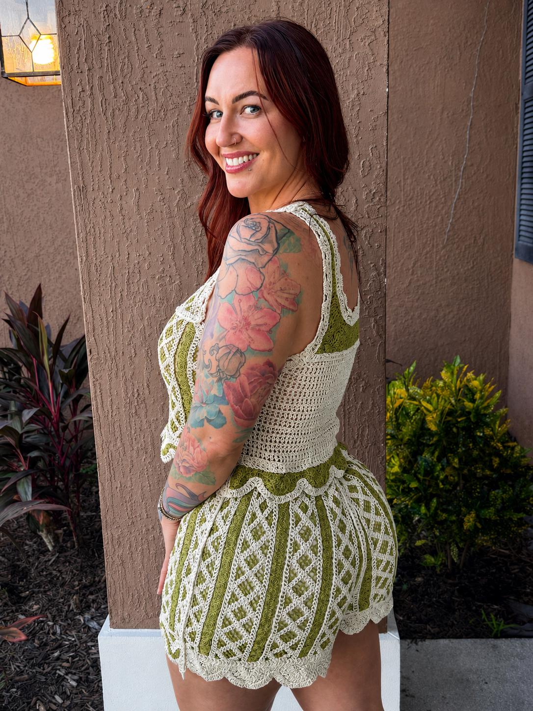 Green crochet shorts set