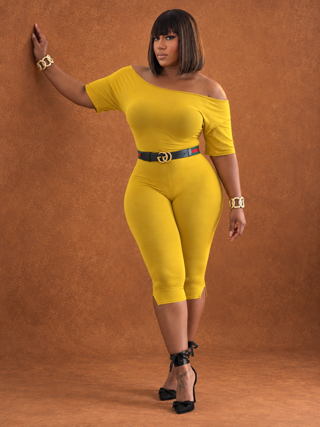 Mustard off the shoulder capri Jumpsuit