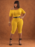 Mustard off the shoulder capri Jumpsuit