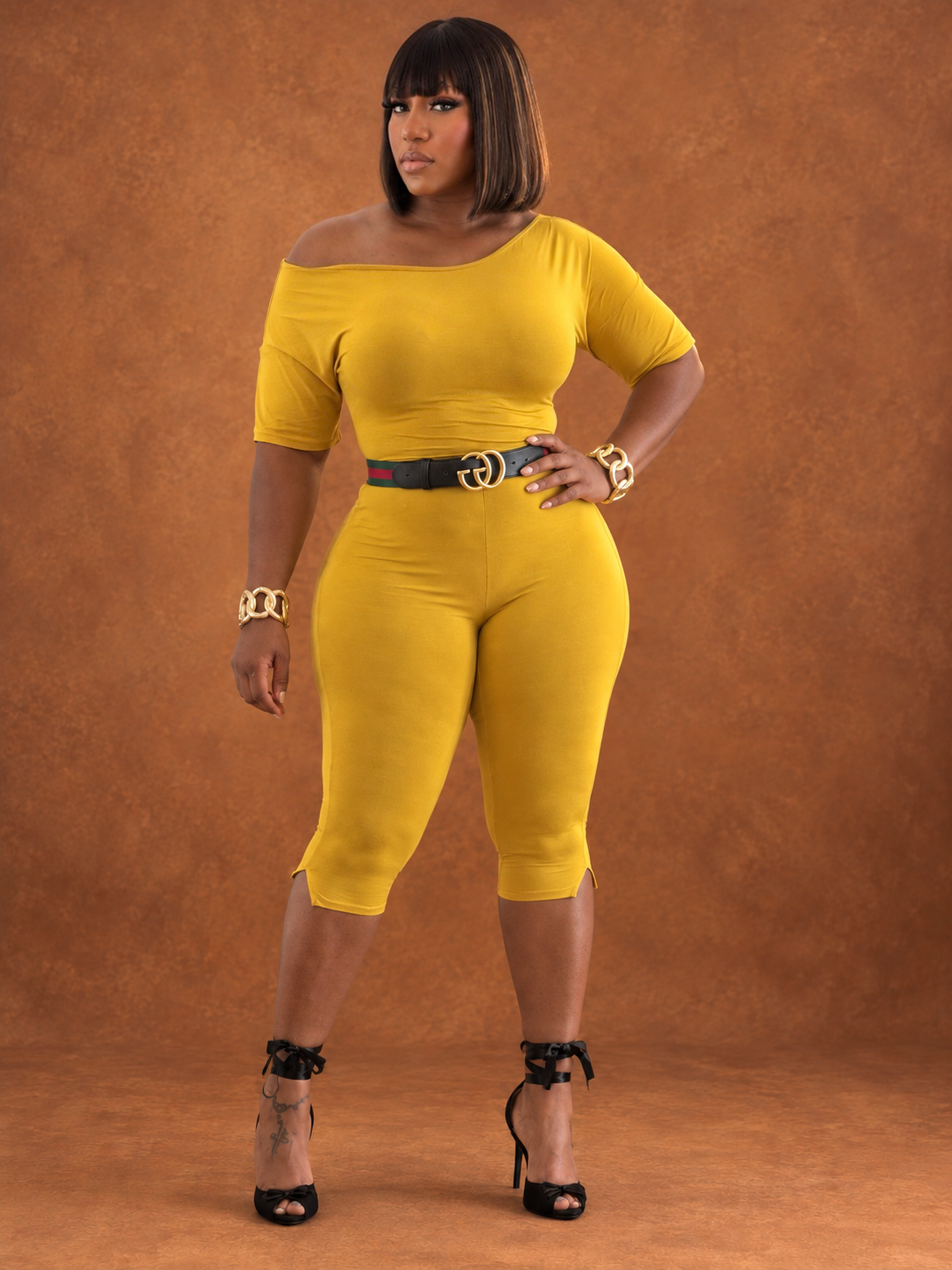 Mustard off the shoulder capri Jumpsuit