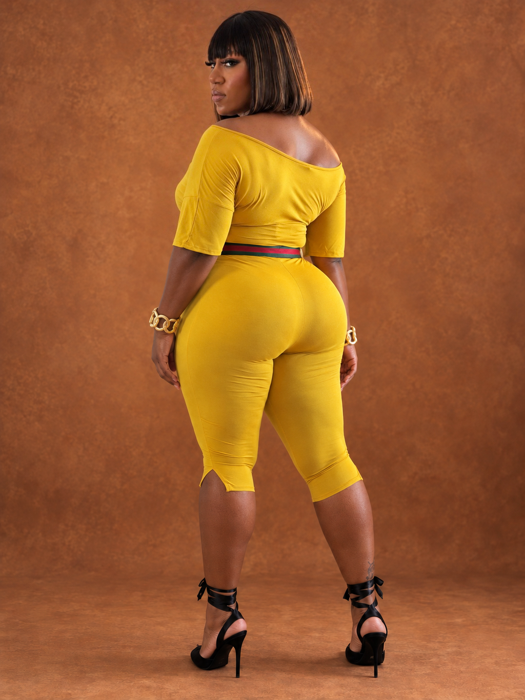 Mustard off the shoulder capri Jumpsuit