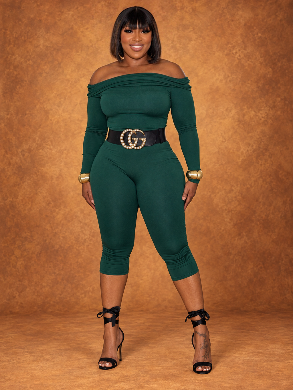 Green off Shoulder capri Jumpsuit