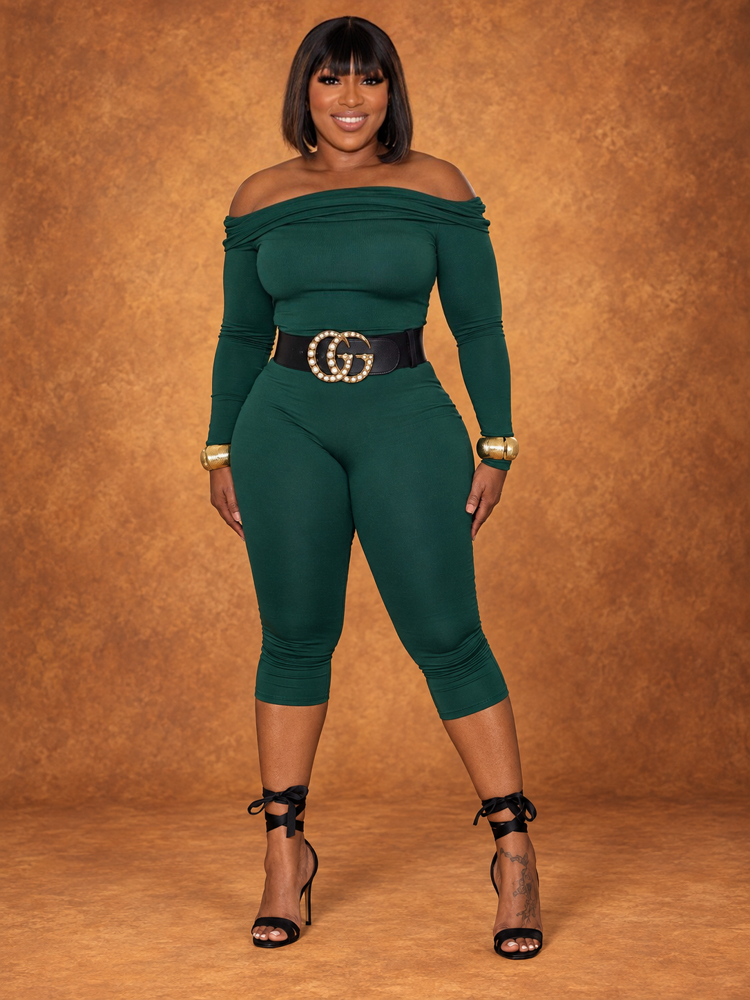 Green off Shoulder capri Jumpsuit