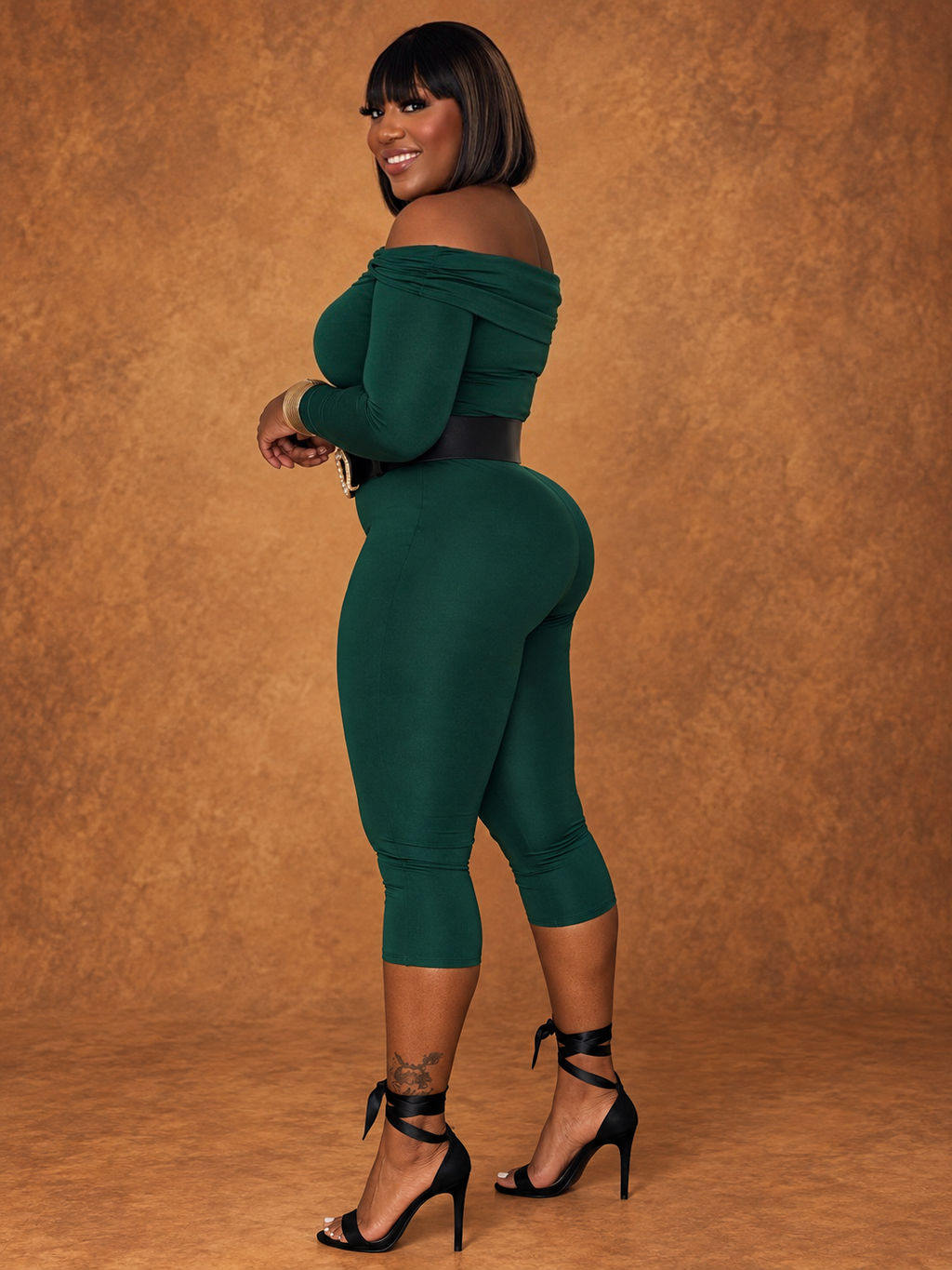 Green off Shoulder capri Jumpsuit