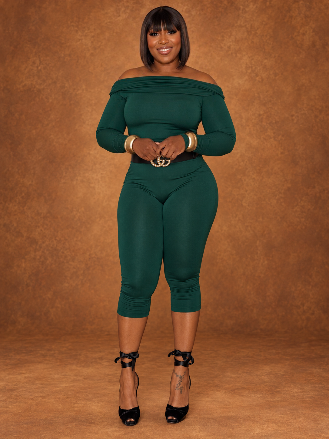 Green off Shoulder capri Jumpsuit