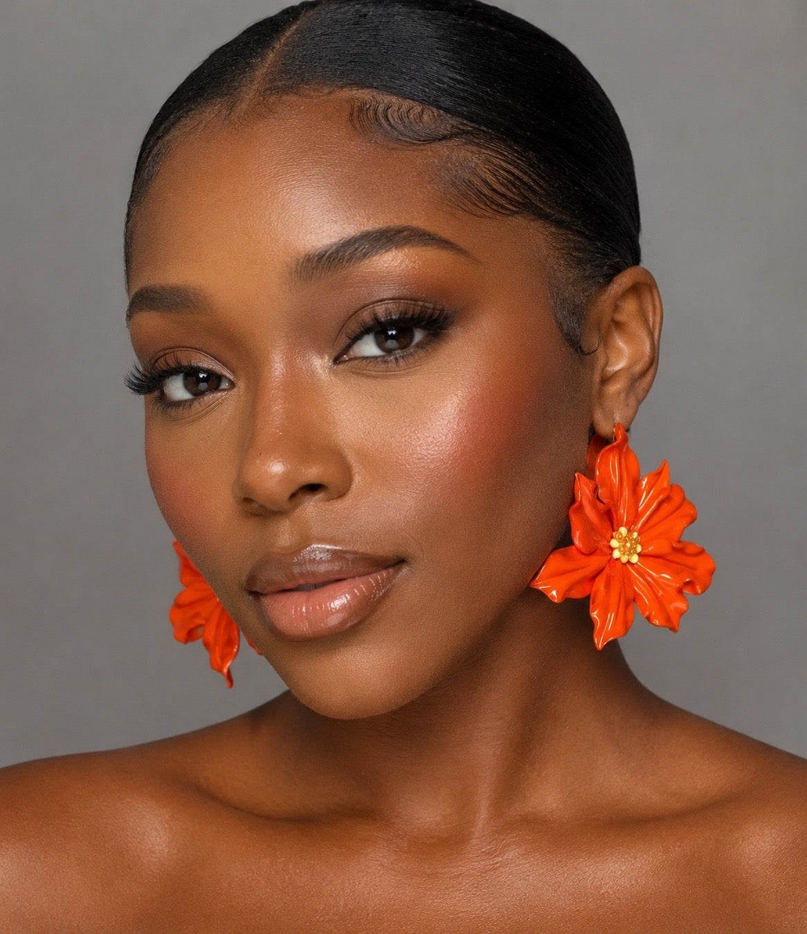 Orange bloom flower stud earrings