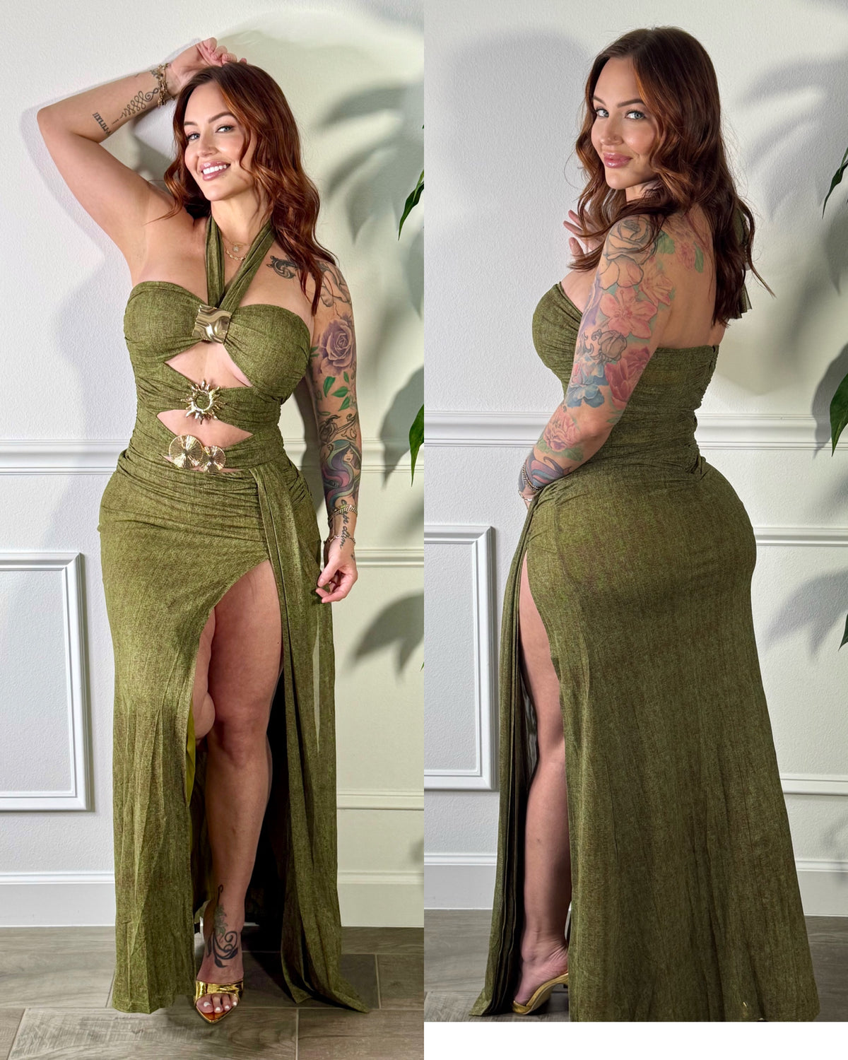 Green slit cut-out maxi dress