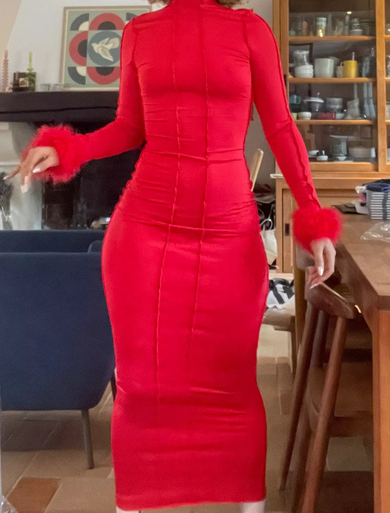 Red long sleeve fur bodycon dress