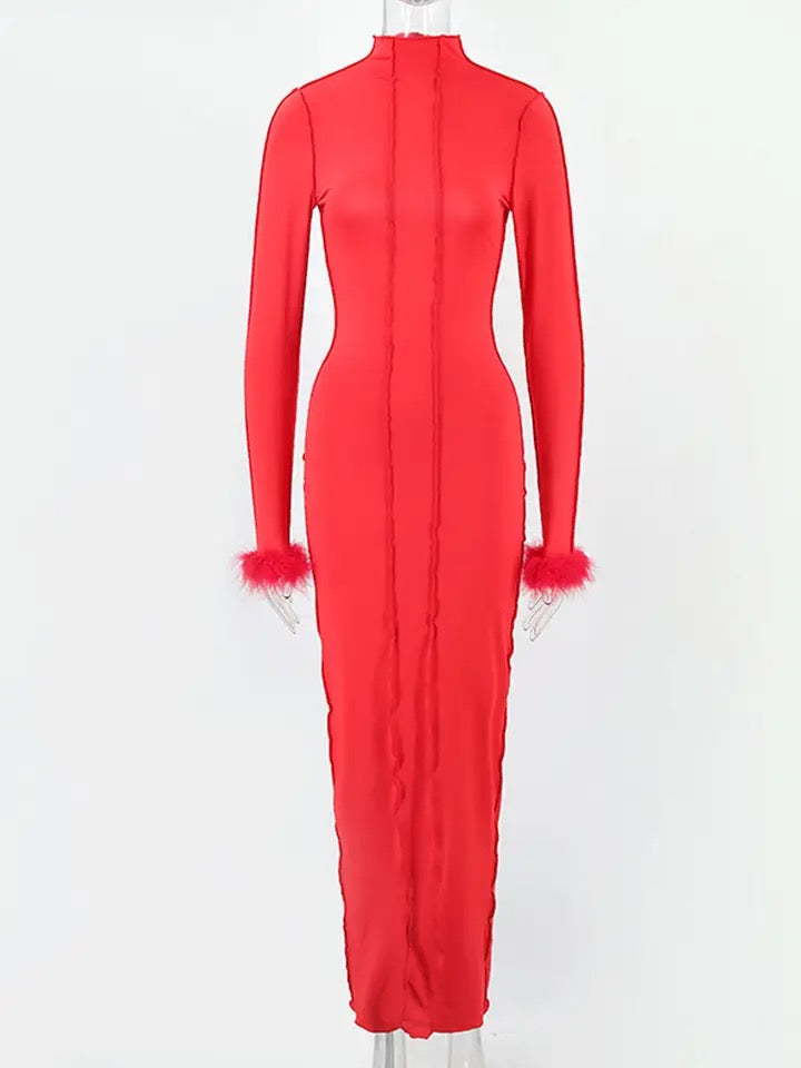 Red long sleeve fur bodycon dress